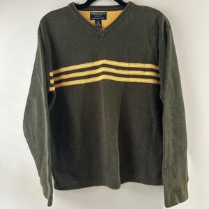 Vintage American Eagle Outfitters Men's Green Gold Striped V Neck Sweater Size S